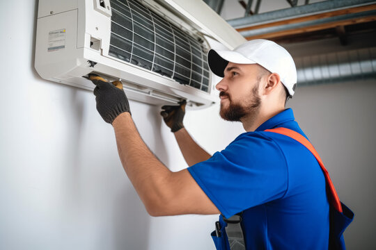 HVAC technician installing a mini split air conditioner in San Fernando