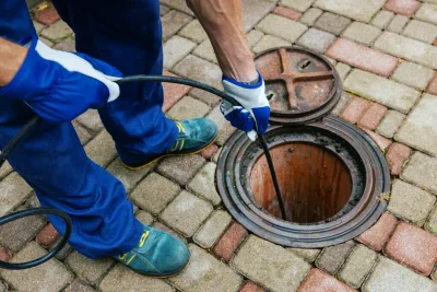 Plumber cleaning an outdoor sewer drain in San Fernando
