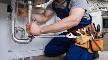 Plumber repairing pipes beneath a sink in San Fernando